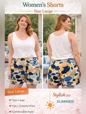 Flora Ashley Women’s Abstract Multi-Color Shorts w pockets LARGE NEW WITH TAGS